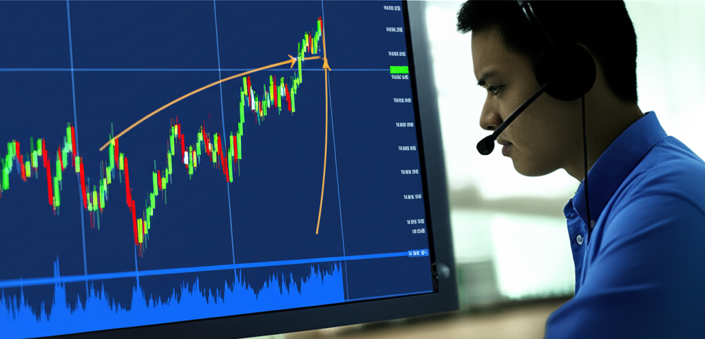 นักเทรดกำลังวิเคราะห์กราฟหุ้นที่มีรูปแบบ Cup and Handle Pattern ชัดเจน