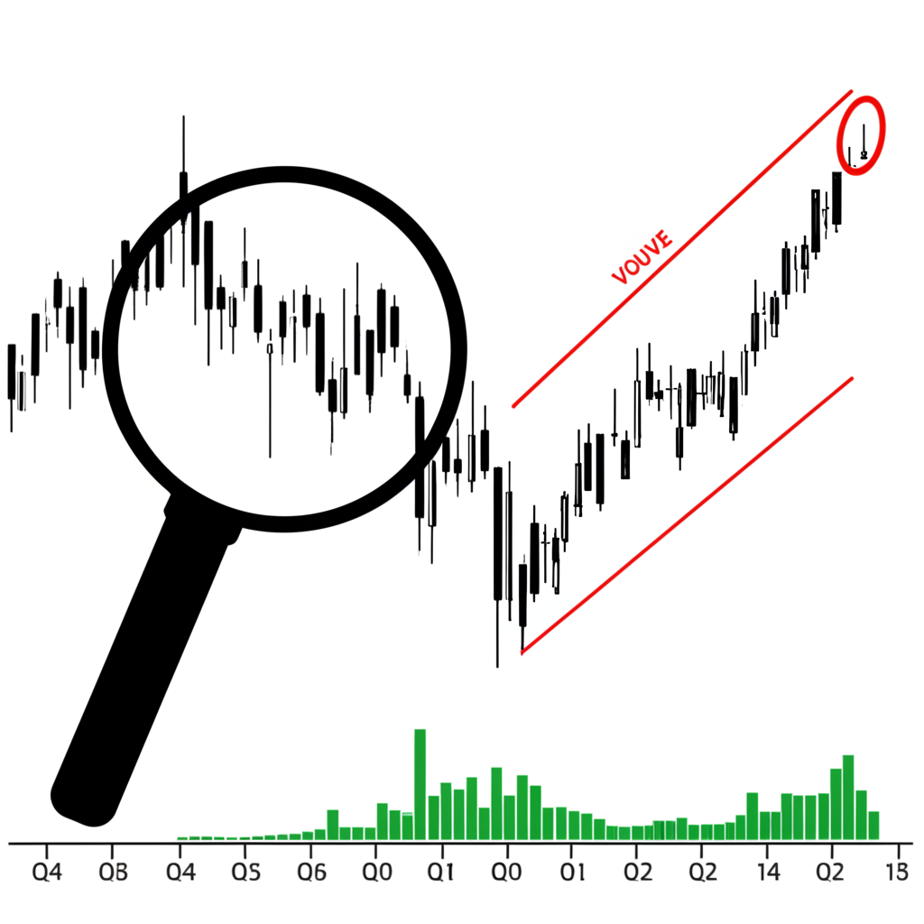 กระจกขยายส่องกราฟหุ้นที่เน้นรูปแบบ Cup and Handle Pattern สมบูรณ์พร้อมแท่งปริมาณ