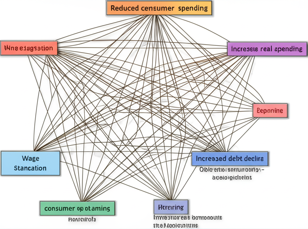 illustration of a complex web of macroeconomic impacts of deflation causing severe economic problems