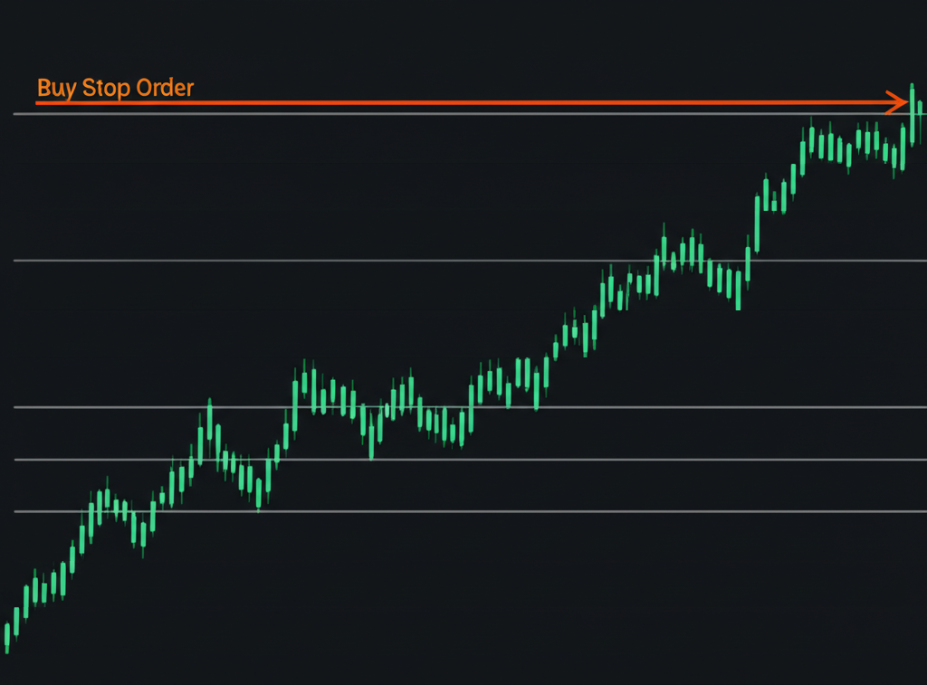 กราฟราคาหุ้นแนวโน้มขาขึ้นกับเส้น Buy Stop ที่ถูกกระตุ้นที่ราคาสูงกว่า