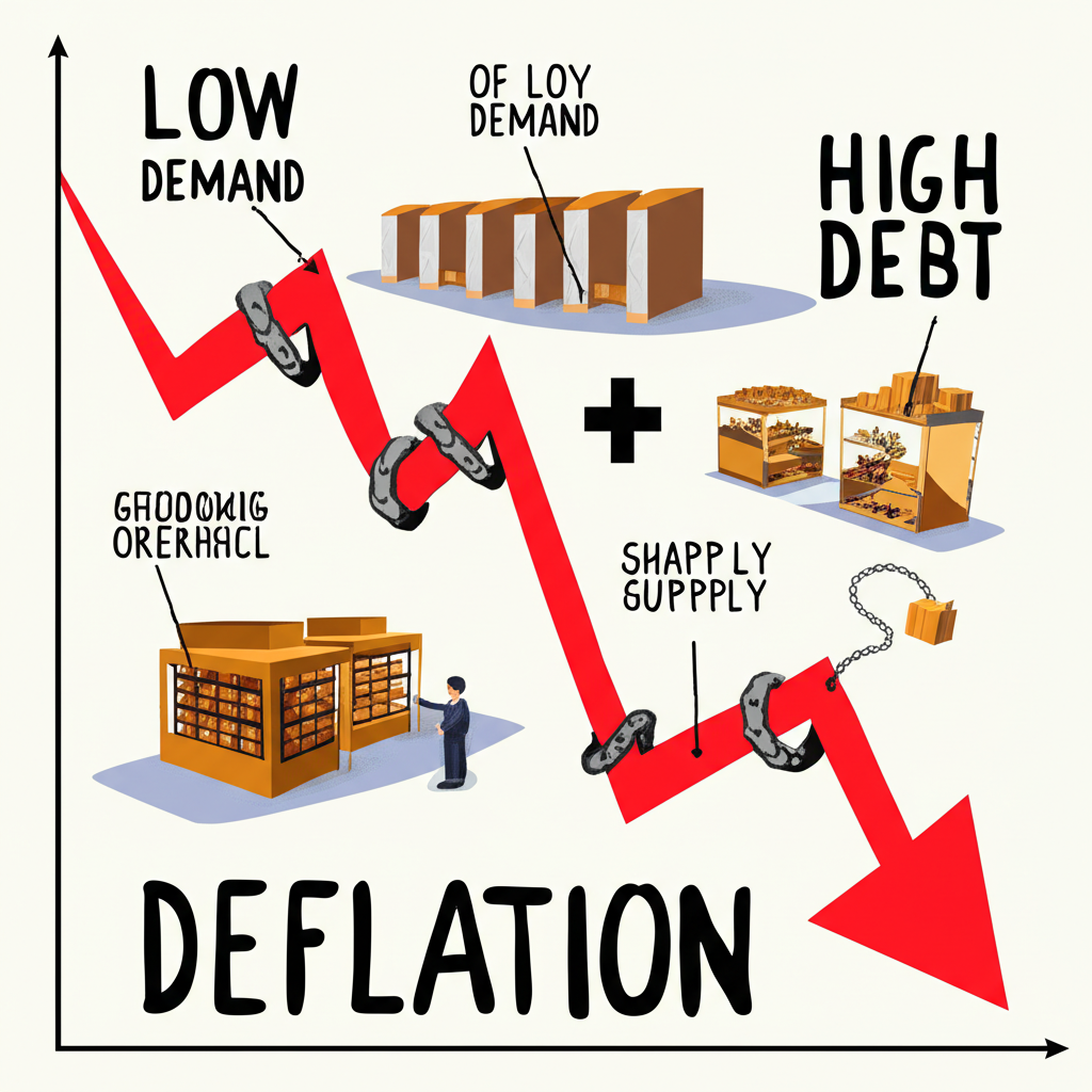 illustration of various causes of deflation like low demand oversupply and high debt affecting an economy