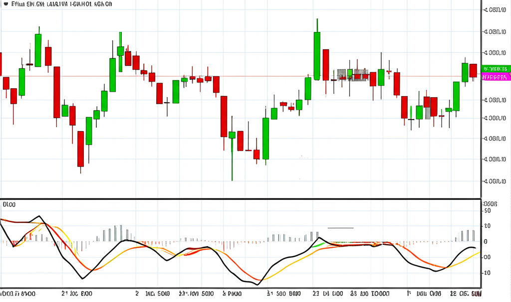 Candlestick chart displaying Nikkei Future data with RSI and MACD technical indicators illustration style