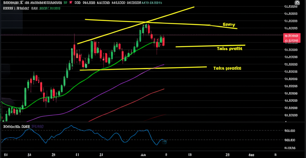 Illustration of a trading chart with Triple Top Pattern entry stop loss take profit points and indicators