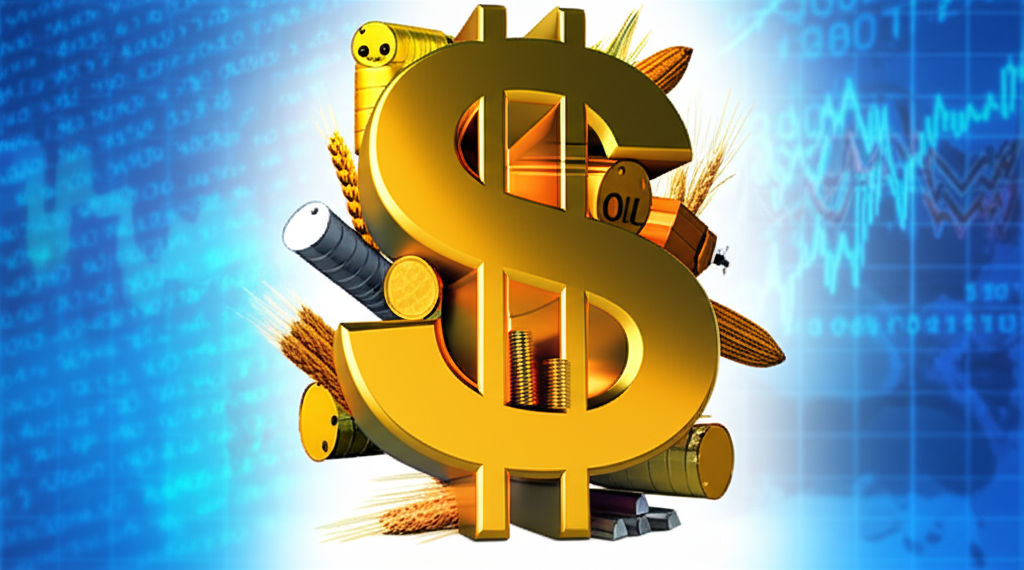 An illustration of the US dollar symbol USD as a strong foundation supporting commodities and global markets
