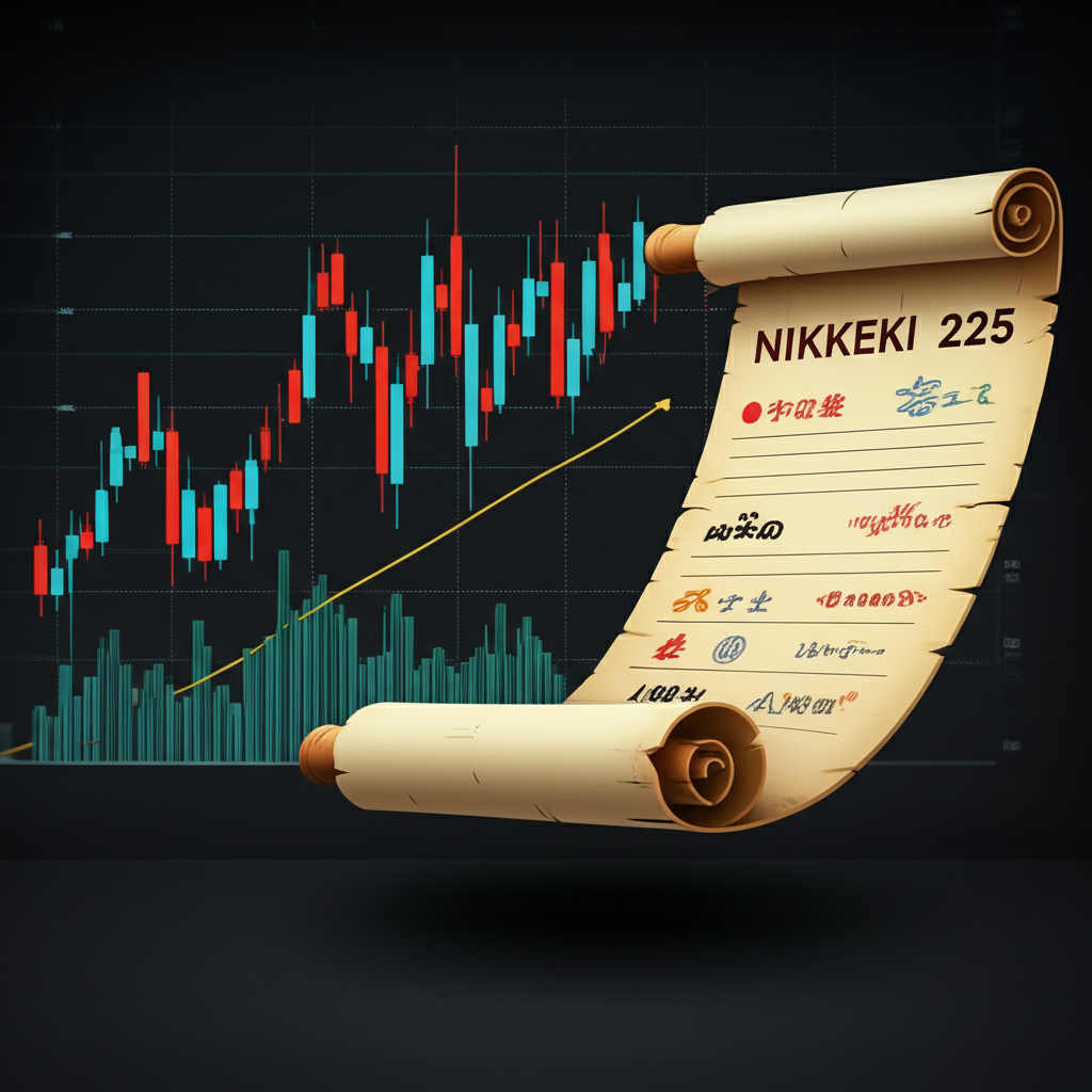 Illustrated Nikkei 225 index chart featuring Japanese company logos and a futures contract scroll illustration style