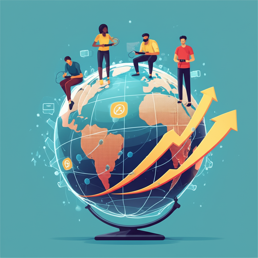 diverse people playing mobile games on a globe representing digital economy growth