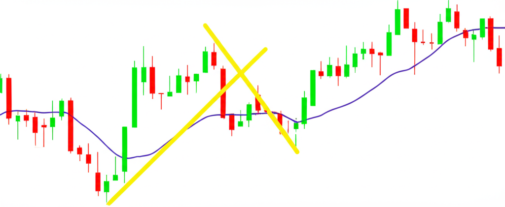Illustration of two moving average lines crossing with the short line going above the long line golden cross