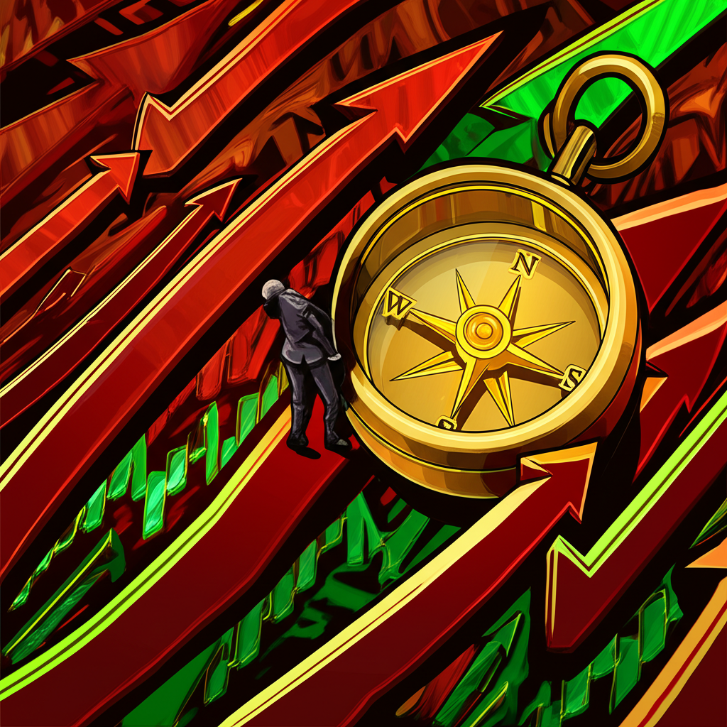 Illustration a person navigating a volatile stock market with a compass pointing to a golden cross signal