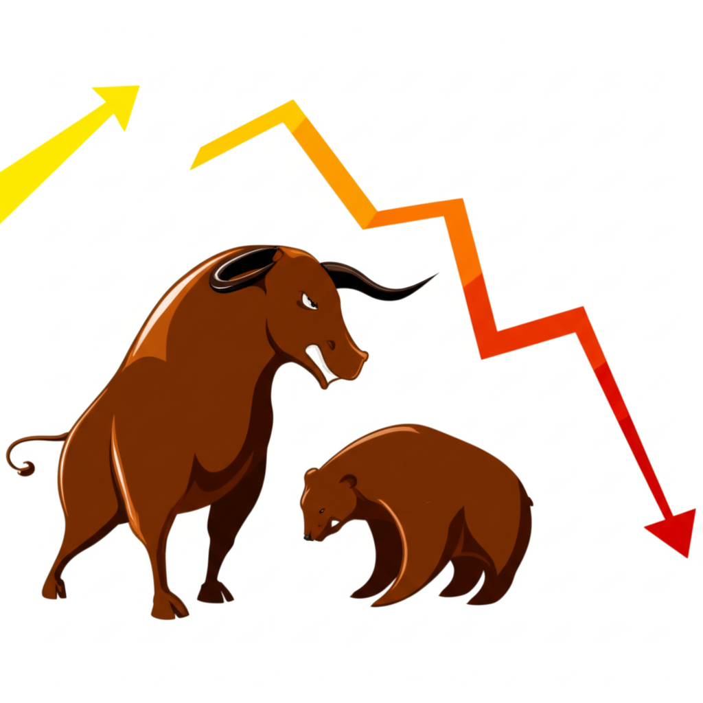 illustration comparing a powerful bull with rising market graphs against a declining bear with falling market graphs