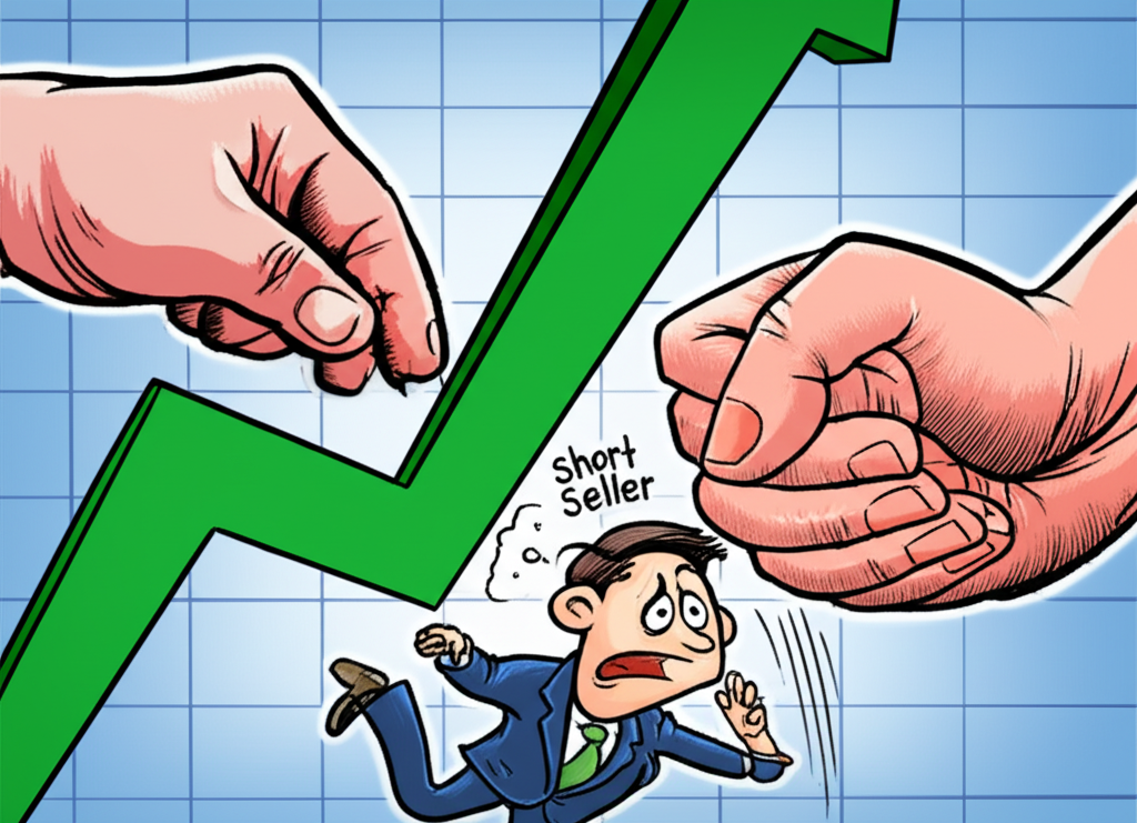 กราฟราคาหุ้นที่พุ่งขึ้นอย่างรวดเร็วพร้อมมือที่บีบนักลงทุนชอร์ตที่กำลังตื่นตระหนก