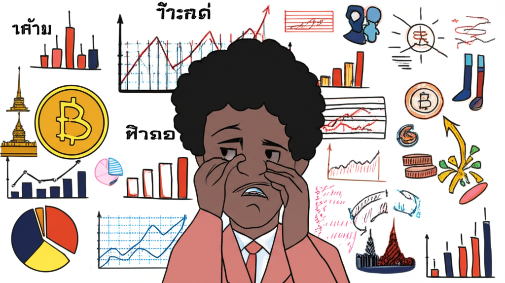 illustration of a worried person surrounded by economic graphs and Thai symbols representing the Thai economy