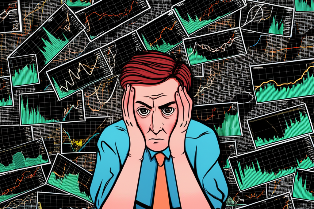 Trader overwhelmed by chaotic forex charts representing volatility and emotional trading