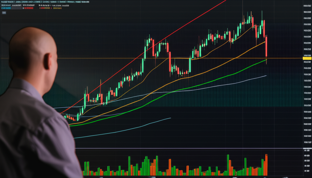 ภาพประกอบบุคคลกำลังศึกษากราฟแท่งเทียน XAUUSD แบบไดนามิกบนหน้าจอพร้อมเส้นข้อมูลประวัติศาสตร์