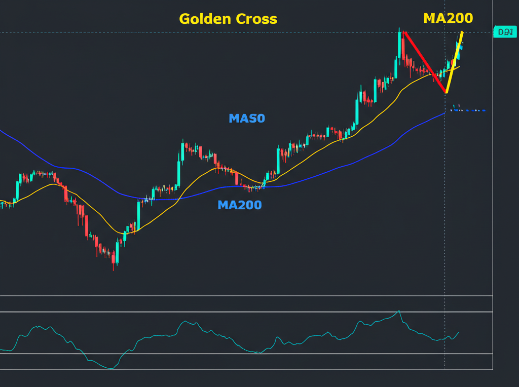 Illustration showing three stages of a golden cross formation with MA50 and MA200 lines