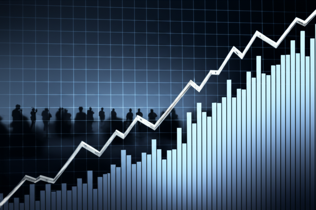 illustration of charts showing continuous upward trends high trading volumes and confident investors in a thriving economy