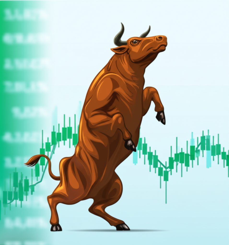 illustration of a strong bull charging upwards symbolizing a rising market with positive investor sentiment