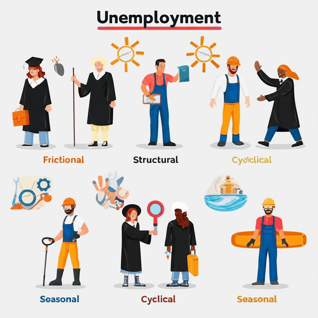 illustration of diverse people representing different types of unemployment like frictional structural cyclical and seasonal