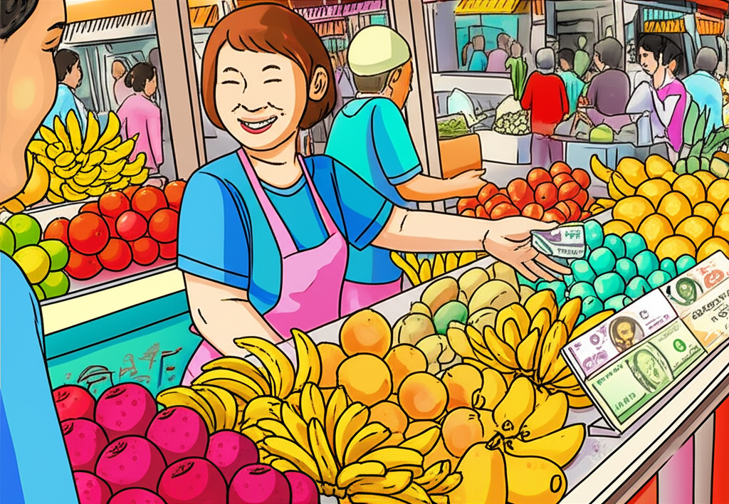 ภาพประกอบตลาดที่คึกคักในเอเชียตะวันออกเฉียงใต้ที่ผู้ขายรับทั้งเงินท้องถิ่นและดอลลาร์สหรัฐ