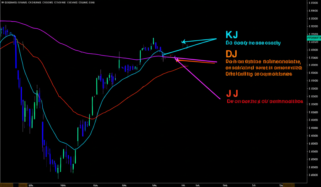 KDJ lines K D J clearly visible on a financial chart with explanatory text for each line in market analysis