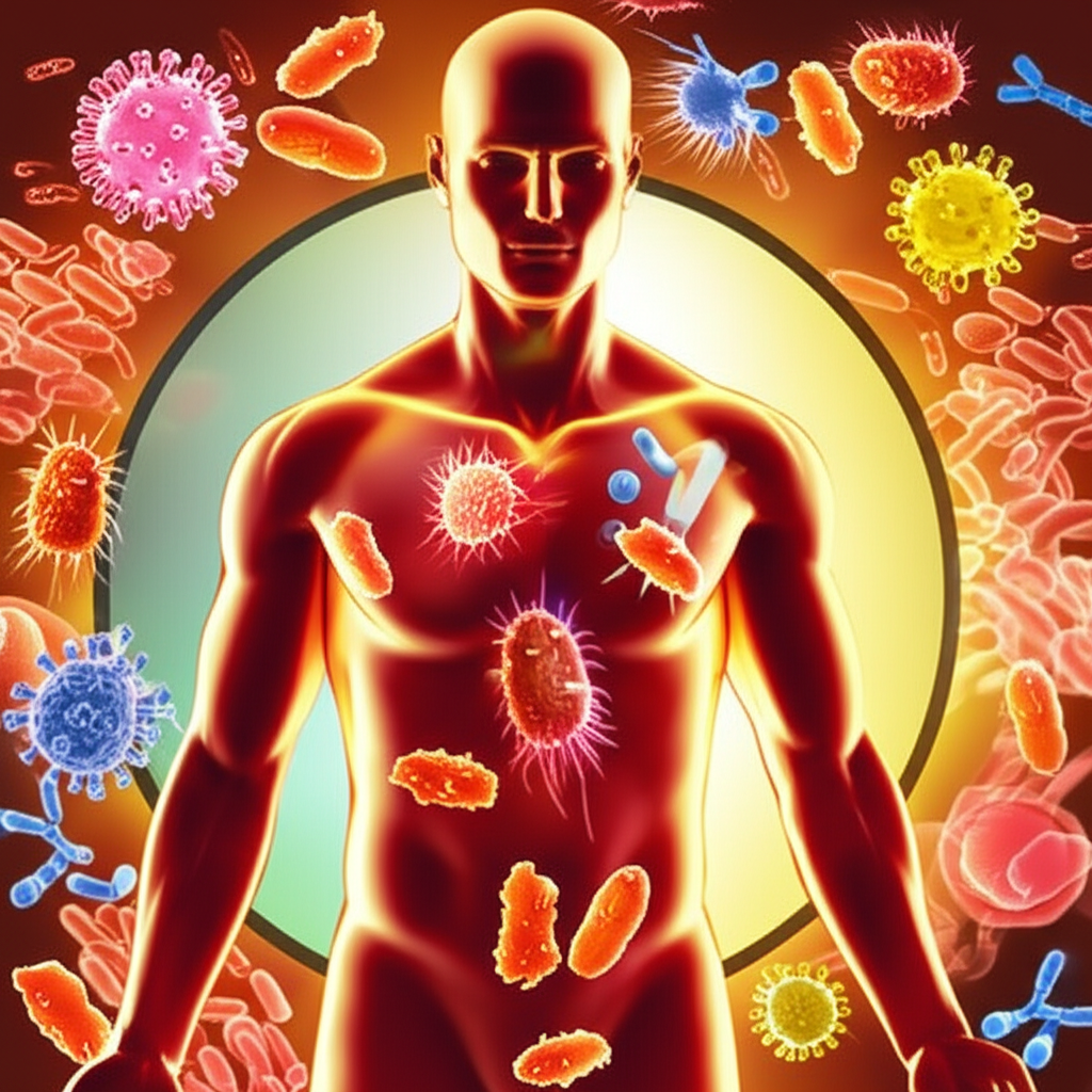 An illustration of a human body with internal immune system cells actively fighting viruses and bacteria at an elevated temperature