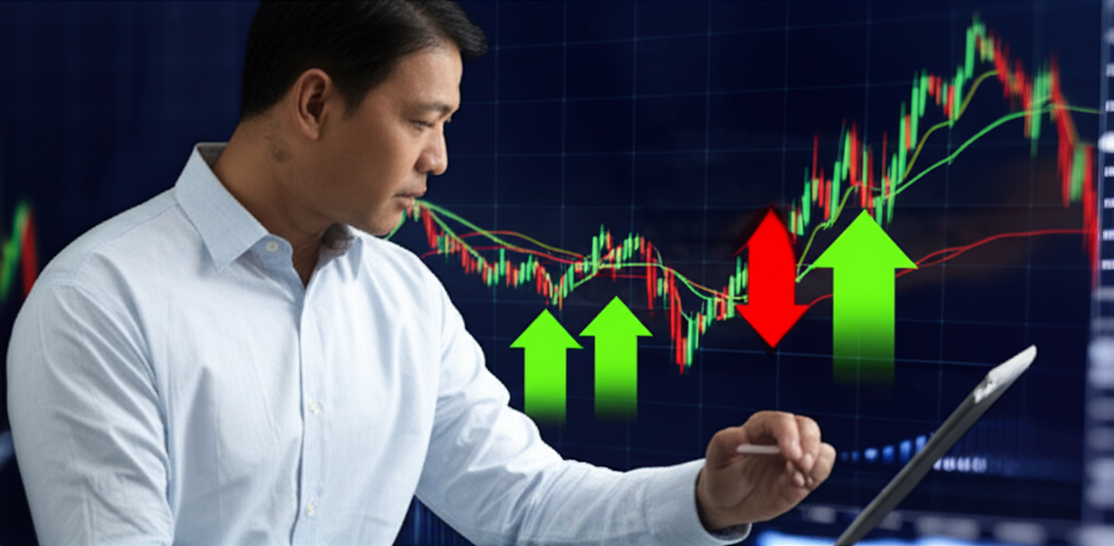 Thai investor making smart trades using KDJ signals in a volatile market background with ascending and descending arrows