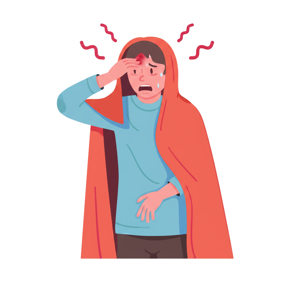 An illustration of a person experiencing common fever symptoms like feeling hot shivering headache and body aches
