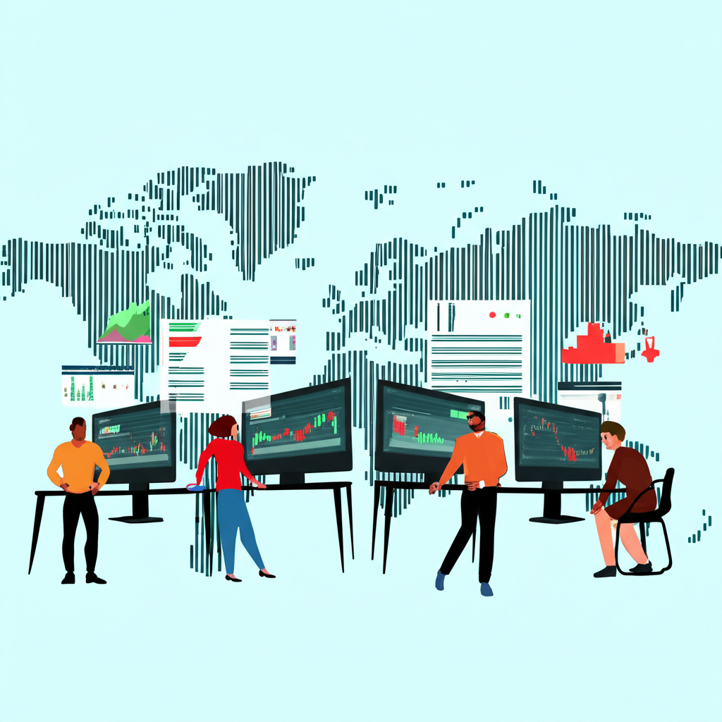 people trading forex on computers with world map background showing global currency exchange opportunities