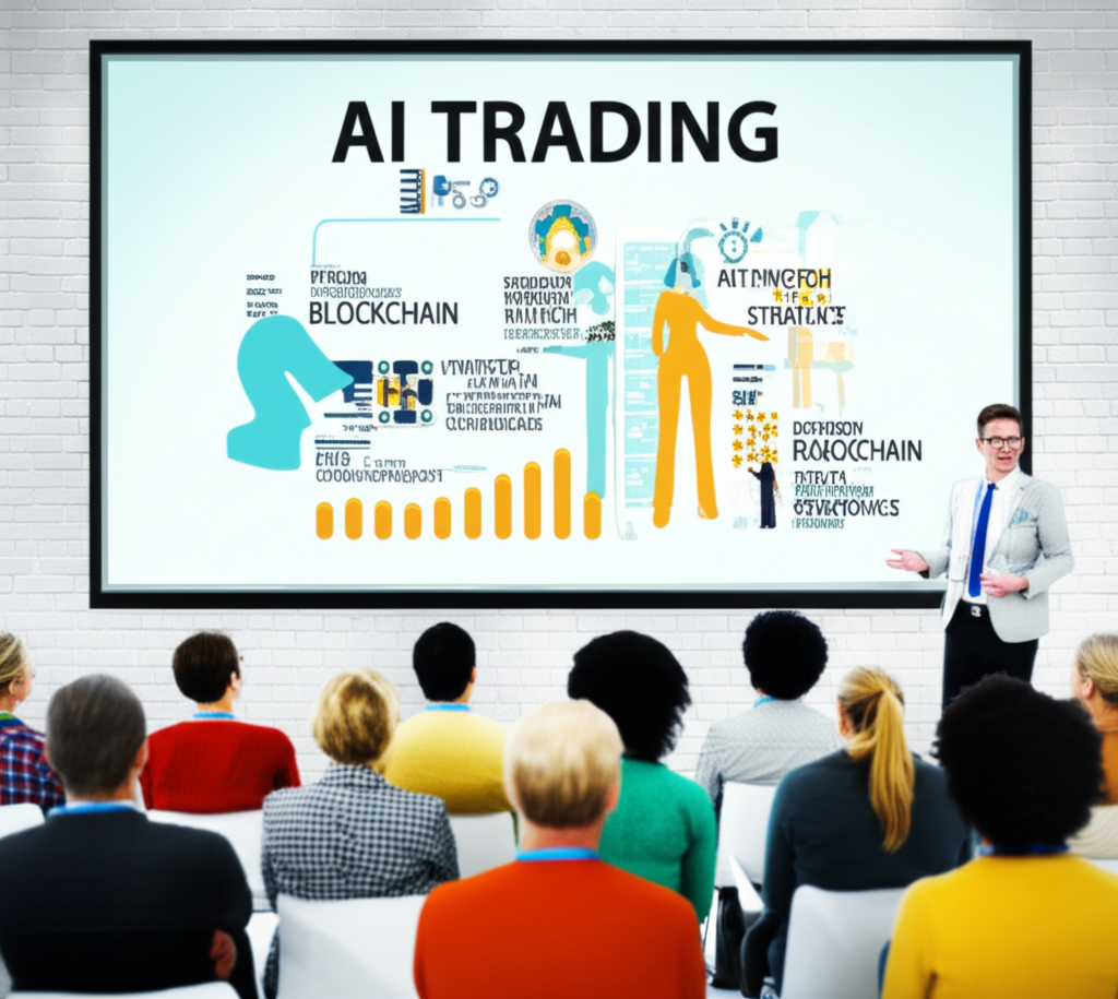 Illustration of diverse audience learning about AI trading blockchain and fintech marketing strategies at a conference