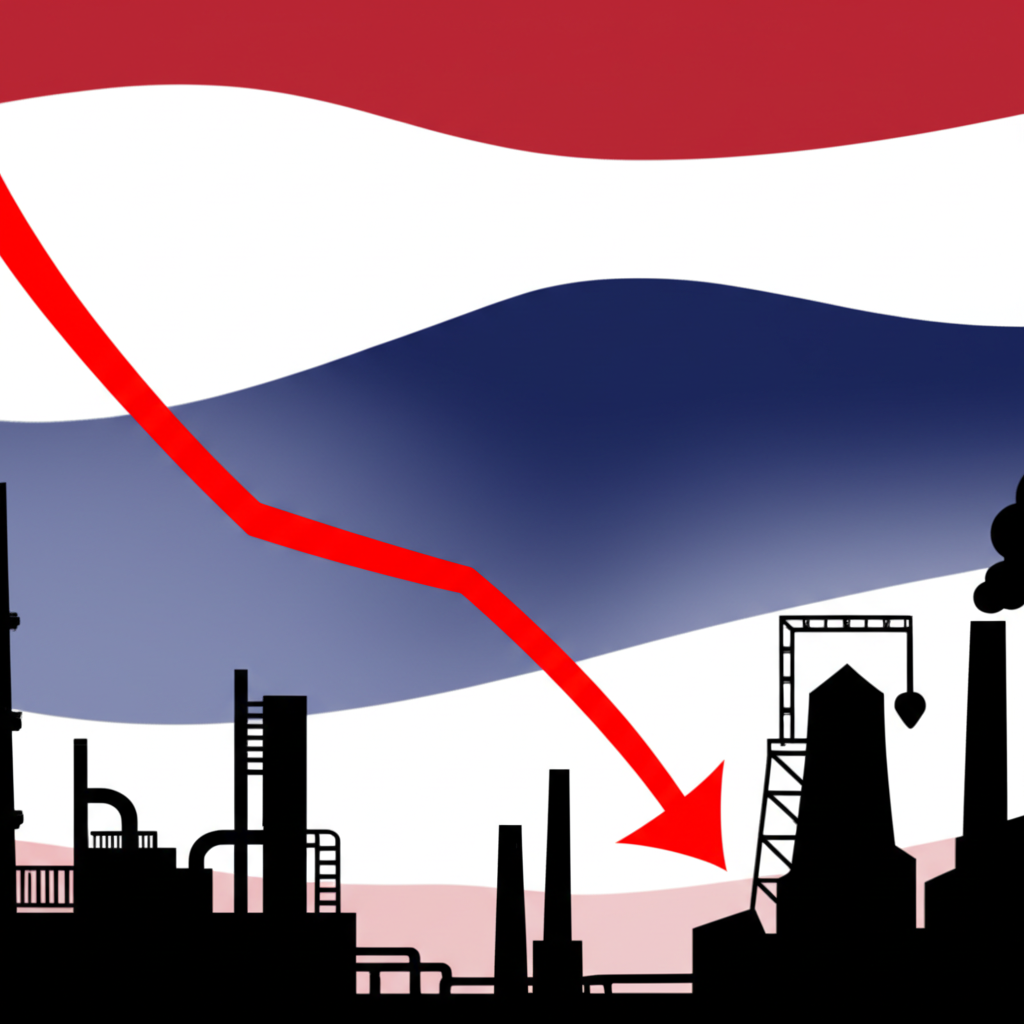 ภาพประกอบตัวชี้วัดทางเศรษฐกิจ เช่น กราฟ GDP ที่ลดลง อัตราการว่างงานที่เพิ่มขึ้น และโรงงานที่ชะลอตัวในประเทศไทย