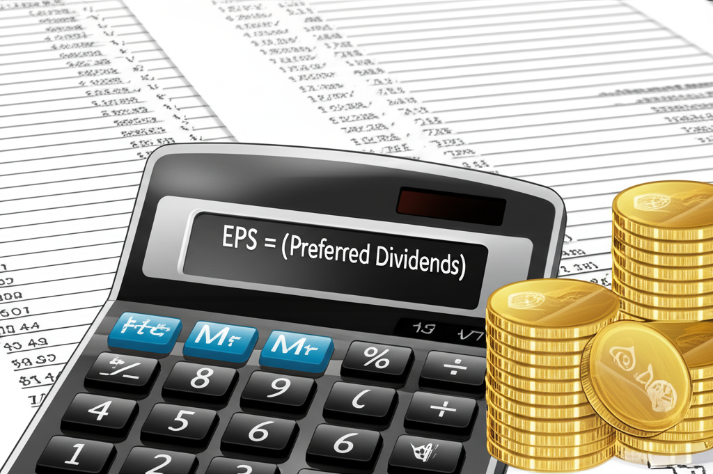 เครื่องคิดเลขแสดงสูตรคำนวณ EPS พร้อมงบการเงินและเหรียญสัญลักษณ์กำไร
