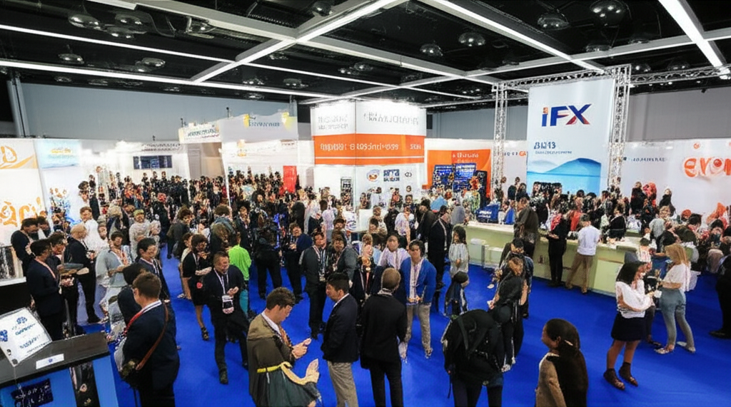 Illustration of busy iFX EXPO Asia event in Bangkok Thailand a hub for fintech and trading experts