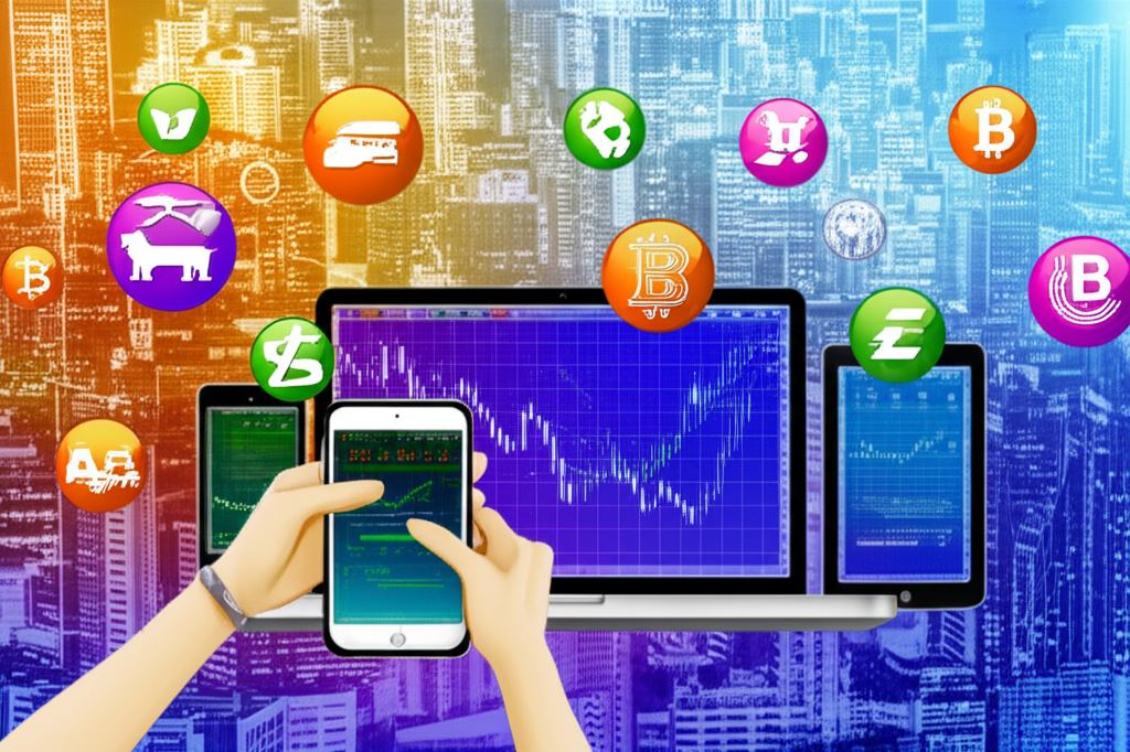 Thai investors studying KDJ charts on devices with stock and crypto symbols in a vibrant financial city background