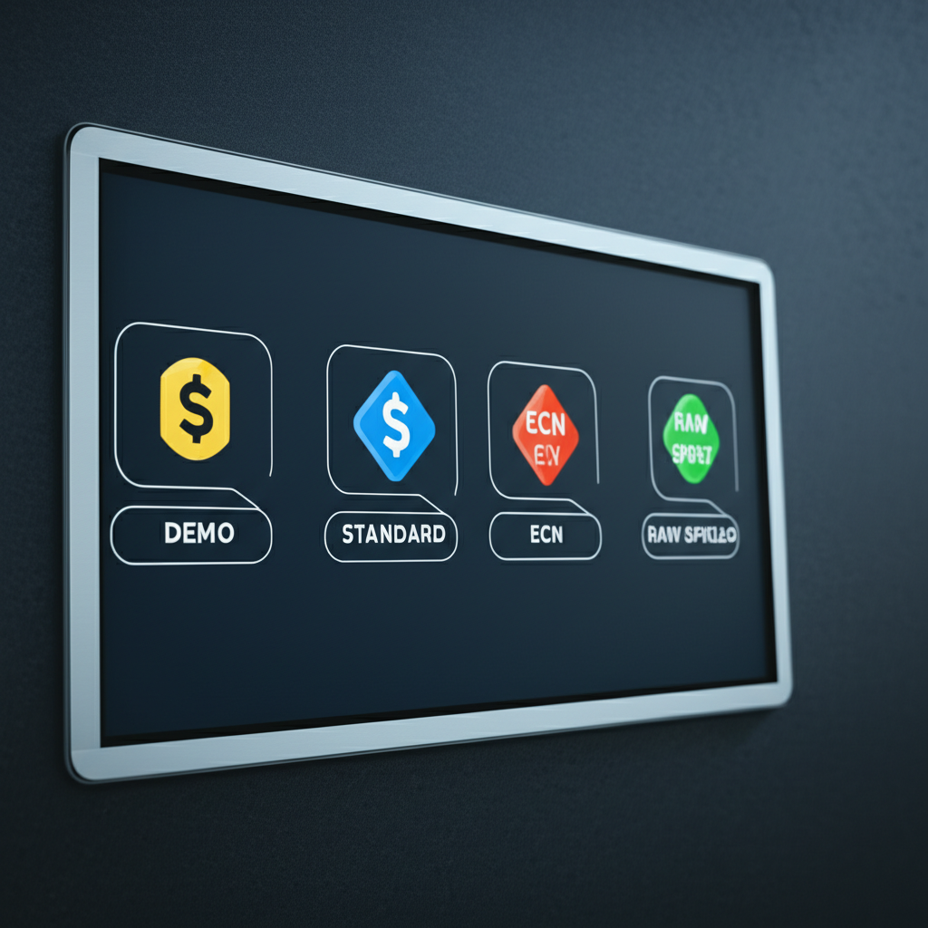 various forex account types depicted as distinct icons demo standard cent ECN raw spread on a digital screen