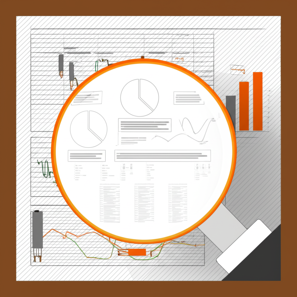a person studying financial charts and graphs with a magnifying glass symbolizing market analysis and risk management