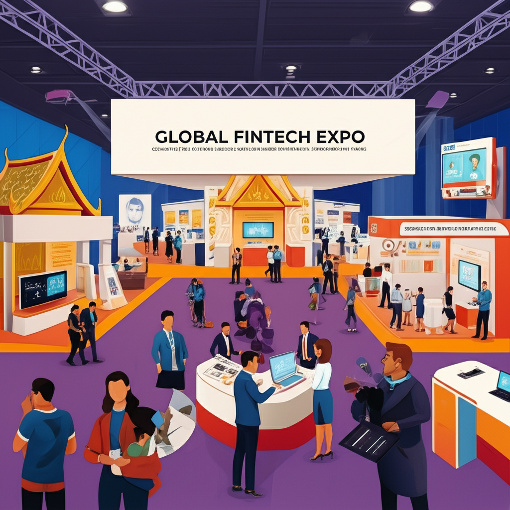 Illustration of global fintech expo connecting Thai finance industry to international innovation and trends