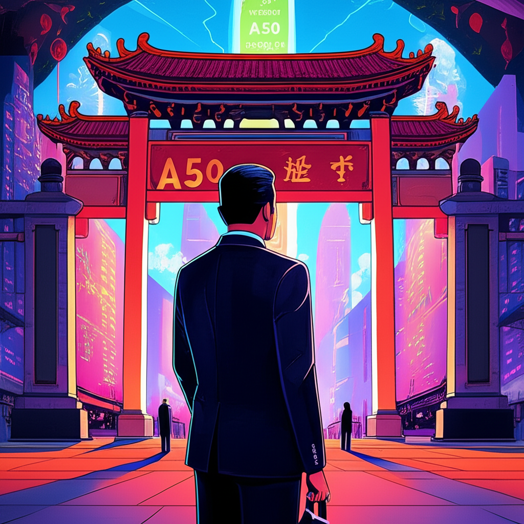 illustration Thai investor looking at a gateway to a vibrant Chinese stock market with A50 index