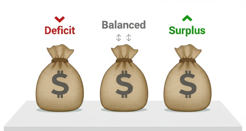 ภาพประกอบถุงเงินสามใบที่มีป้าย deficit surplus และ balanced พร้อมลูกศรแสดงการไหลของเงิน