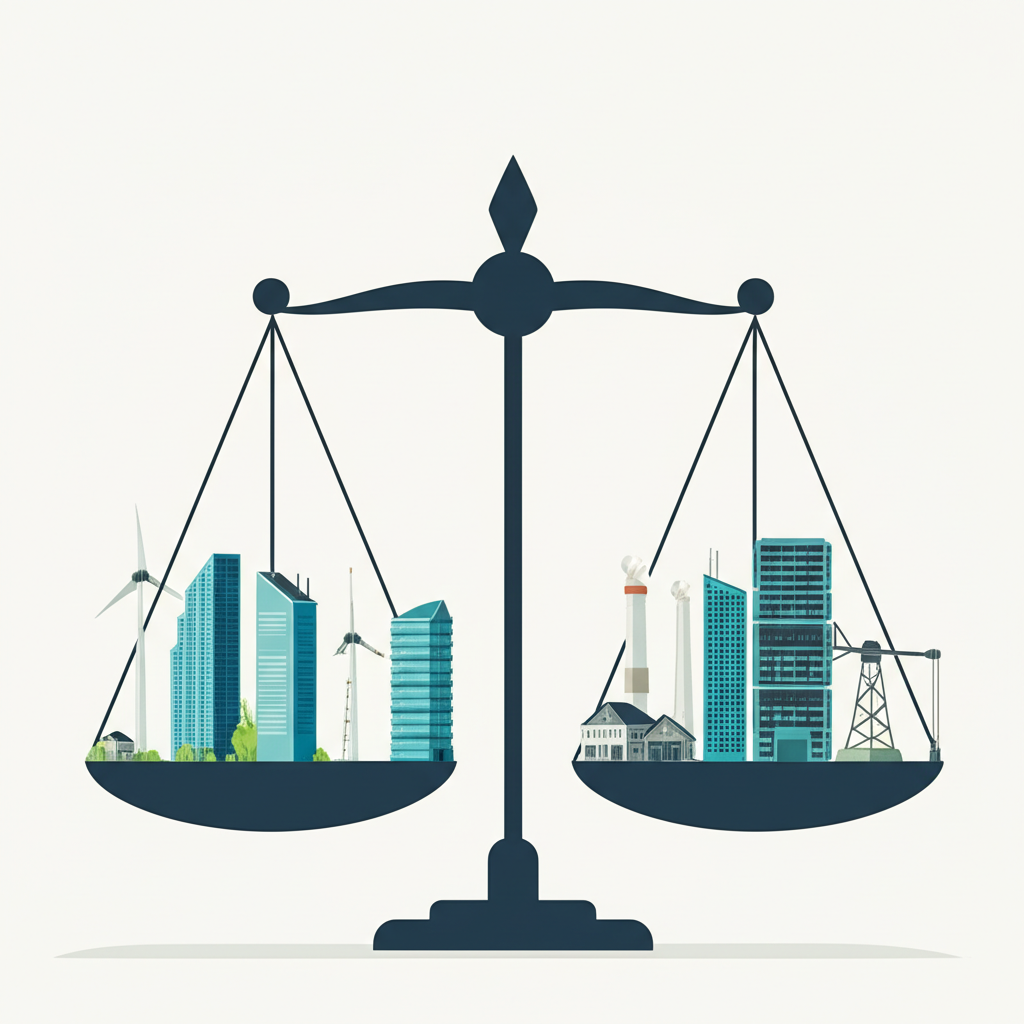 illustration diverse industries like finance energy tech factories represented by market cap weights on a scale