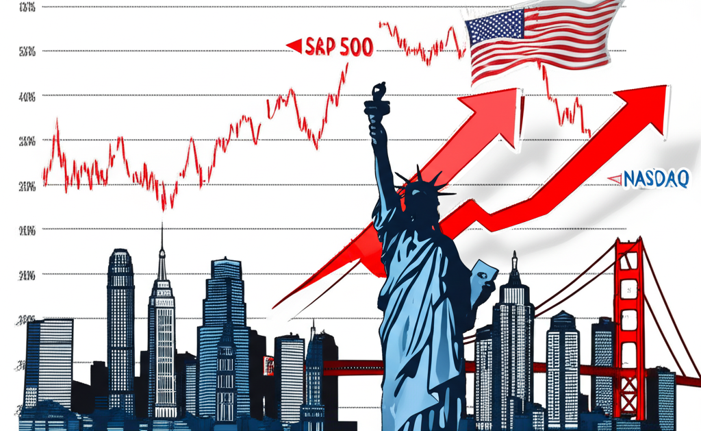 ภาพประกอบสถานที่สำคัญของอเมริกาที่ผสานกับกราฟ S&P 500 และ NASDAQ สื่อถึงการเติบโตทางเศรษฐกิจและนวัตกรรม