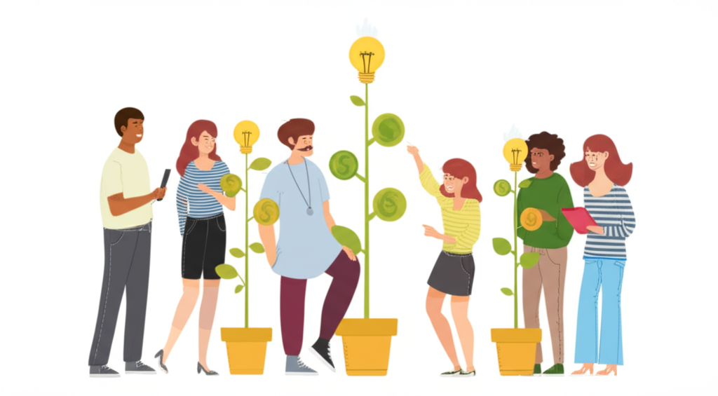 Illustration of a group of happy diverse investors sharing ideas and growing money plants