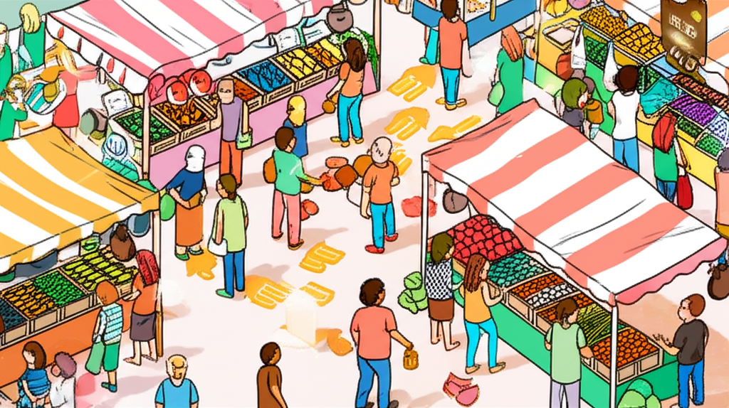 ภาพประกอบตลาดสปอตที่คึกคักด้วยการแลกเปลี่ยนสินค้าและเงินทันที