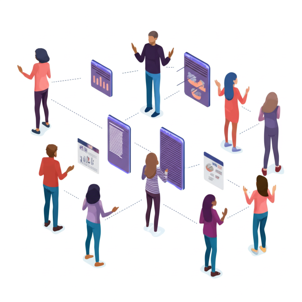 Illustration of diverse people investing easily on digital screens connected by social lines