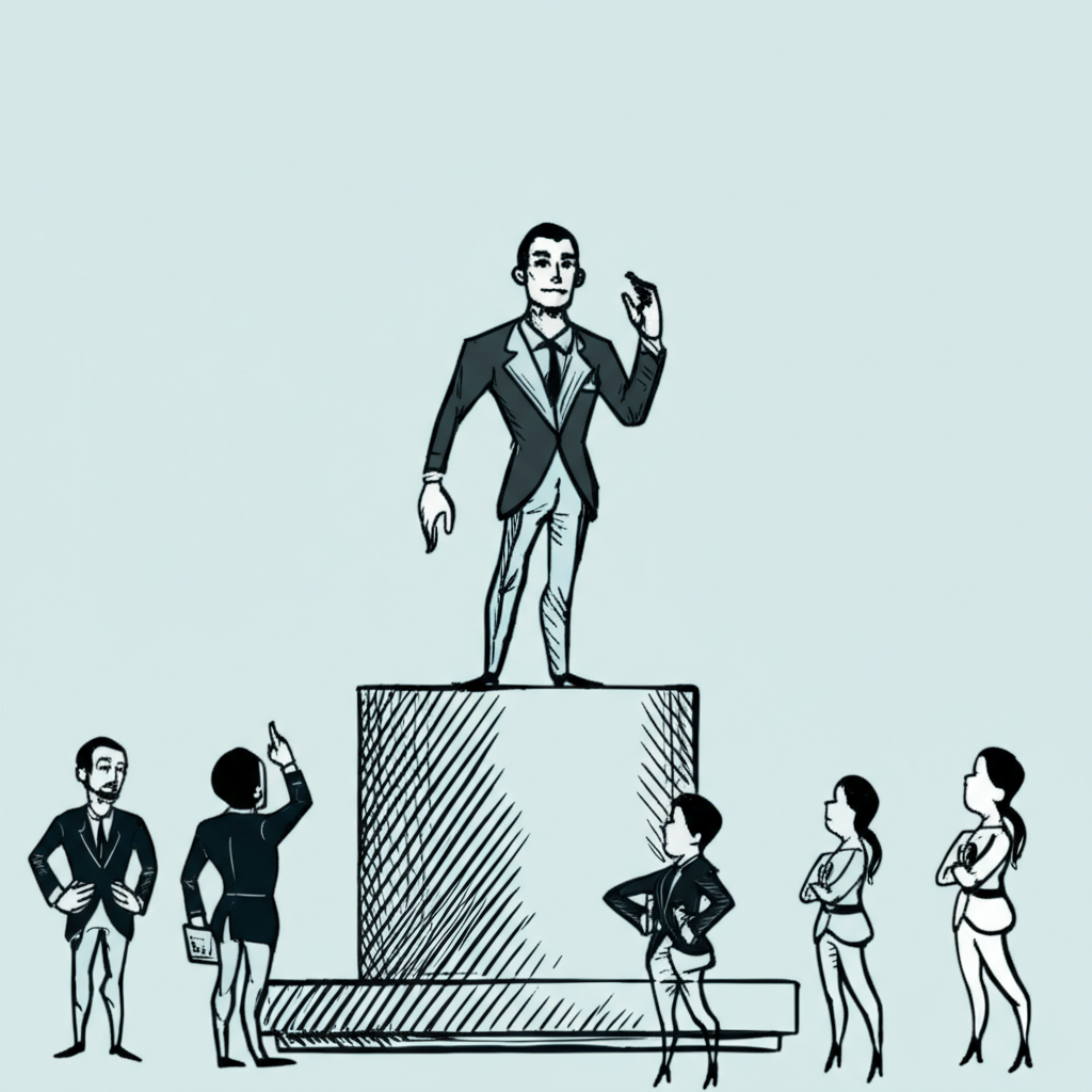 Illustration of a master trader character on a pedestal with smaller investor characters copying their actions