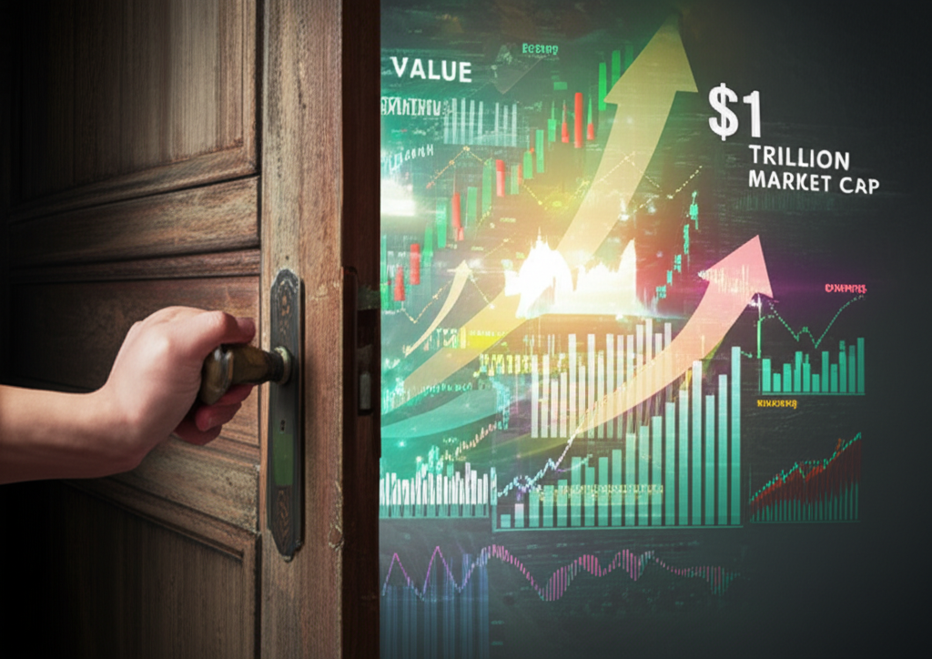 Illustration of a person opening a door to a world of stock charts and market cap concepts
