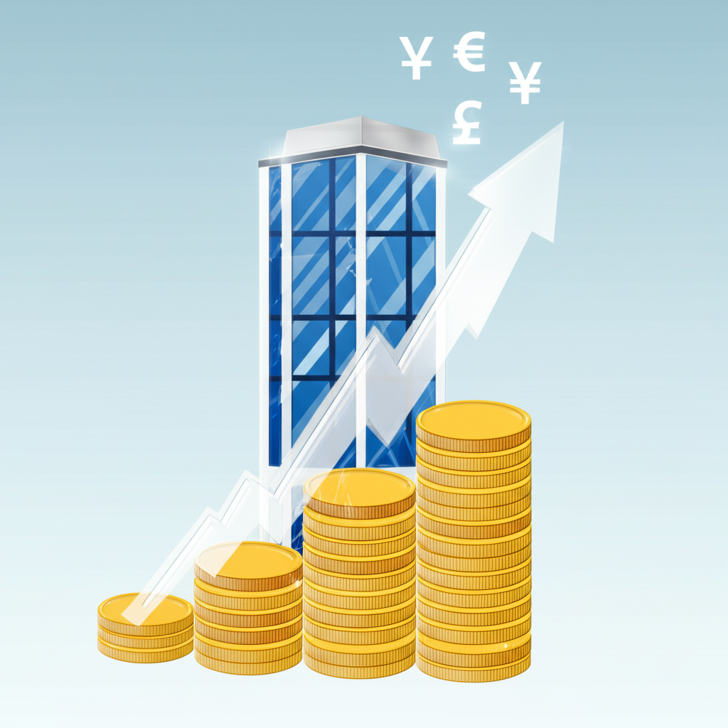 Illustration of a large company building with coins and stock symbols representing market capitalization