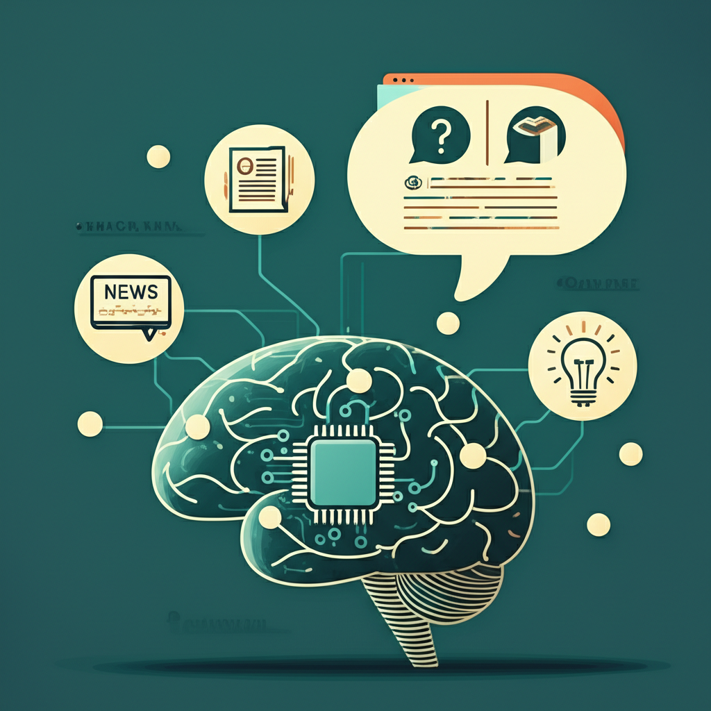 AI 從多來源理解並總結資訊的示意圖，突出語意分析與用戶意圖的角色