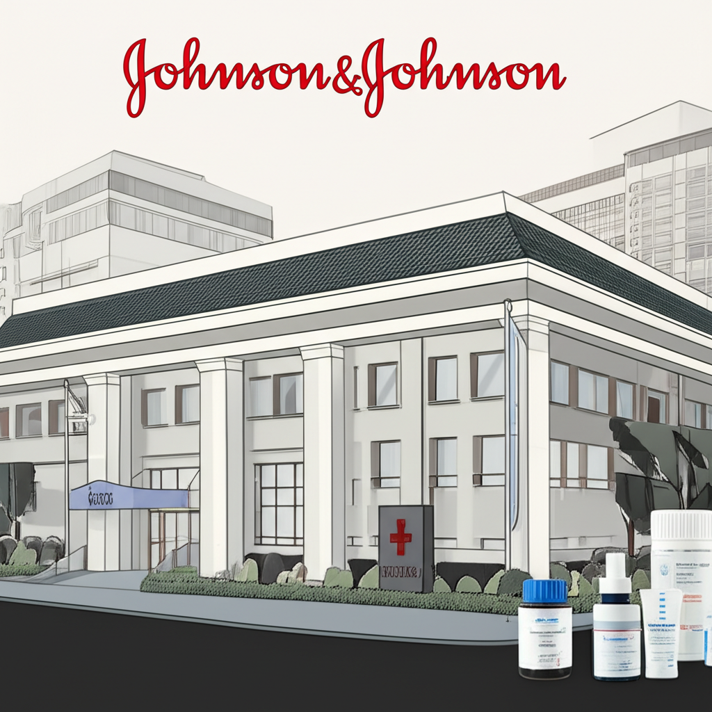 An illustration of Johnson and Johnson headquarters with historical elements and healthcare products