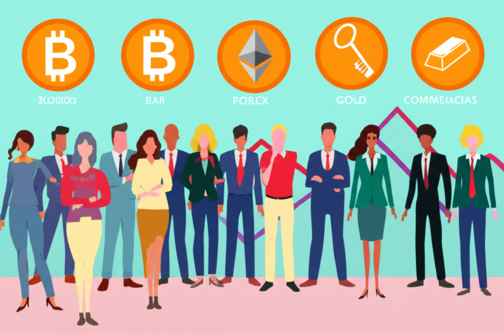 Illustration of diverse traders with stocks forex crypto and commodity symbols representing different trading styles