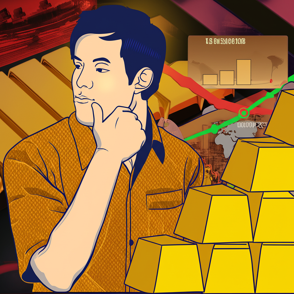 An illustration of a Thai investor looking at gold bars and a volatile global economy background showing inflation and geopolitical conflict