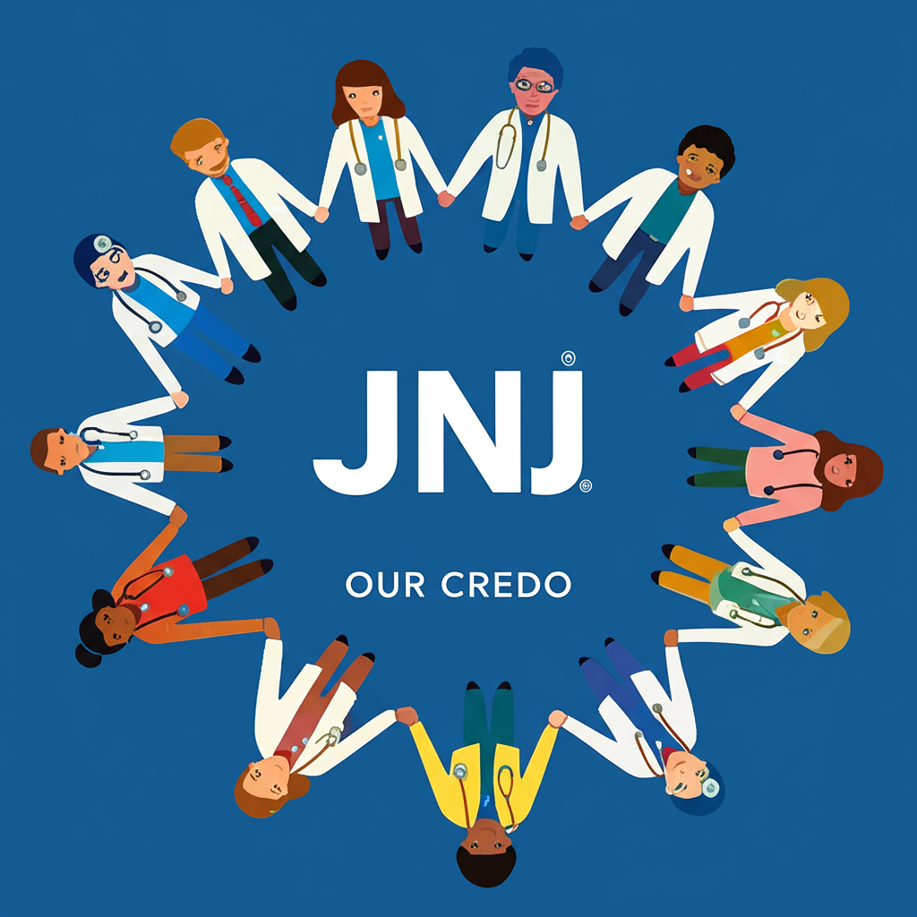 People patients doctors nurses employees community holding hands around a JNJ logo Our Credo illustration